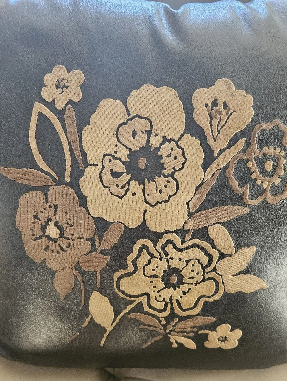 Set of 2 Faux Leather Floral Embroidered Throw Pillows with Inserts Black Brown